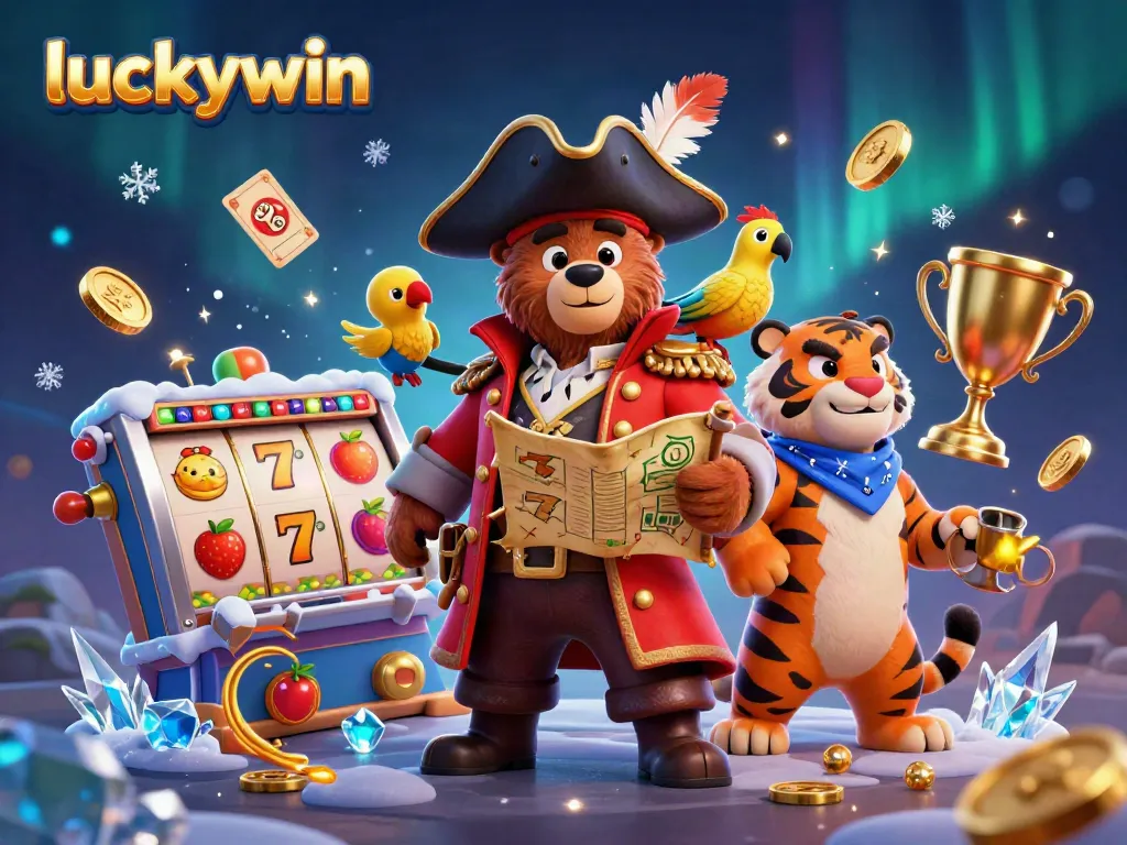 Experience exciting jackpots at luckywin with a playful pirate bear, tiger, and parrot amidst vibrant slot reels.