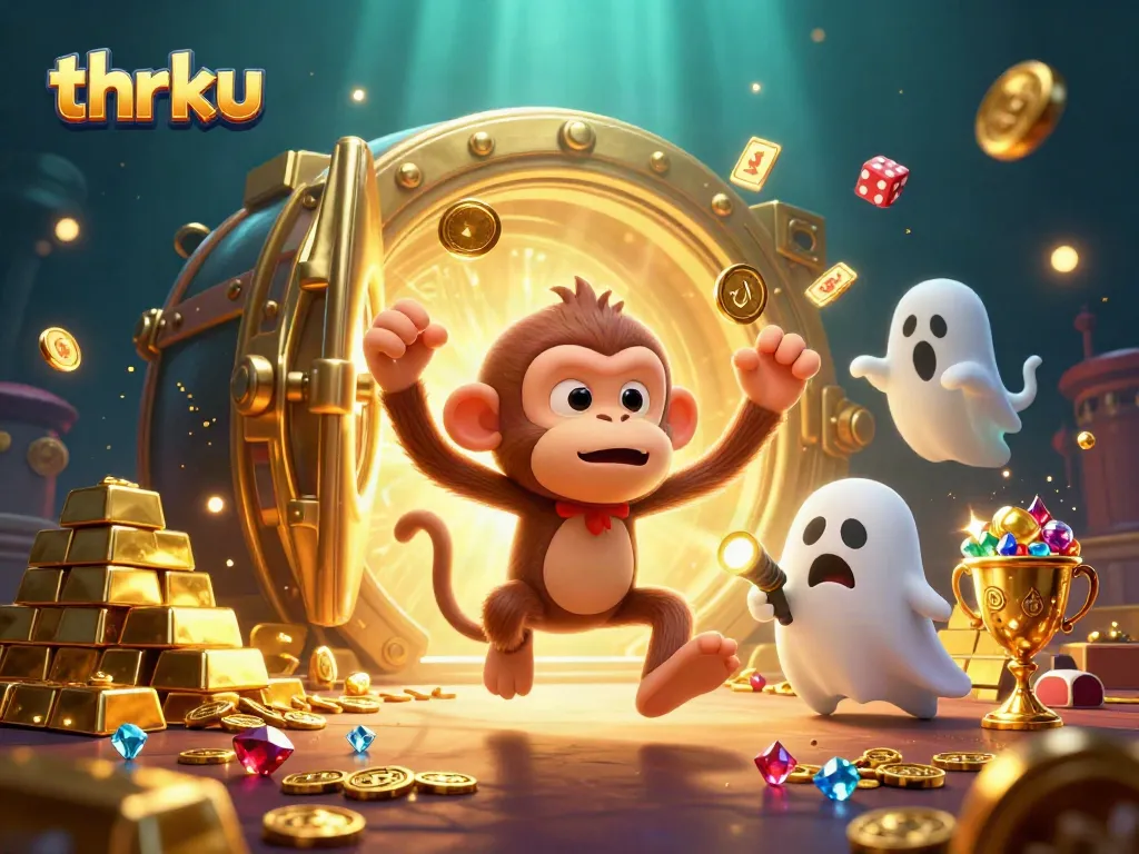 Engage with thrku’s haunted casino scene featuring a playful poltergeist monkey and curious ghost-hunter puppy.