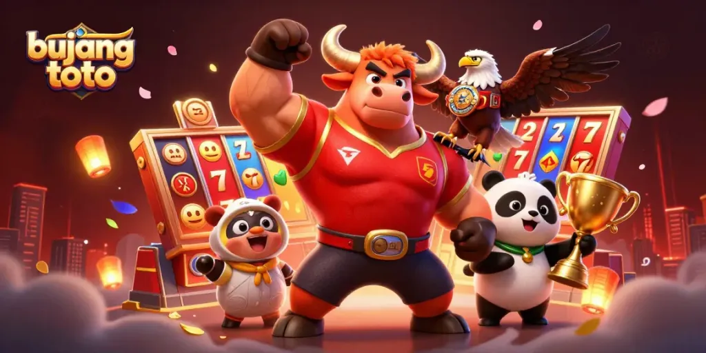 Celebrate your wins with bujang toto featuring a victorious bull mascot, an eagle champion, and a panda trophy holder.