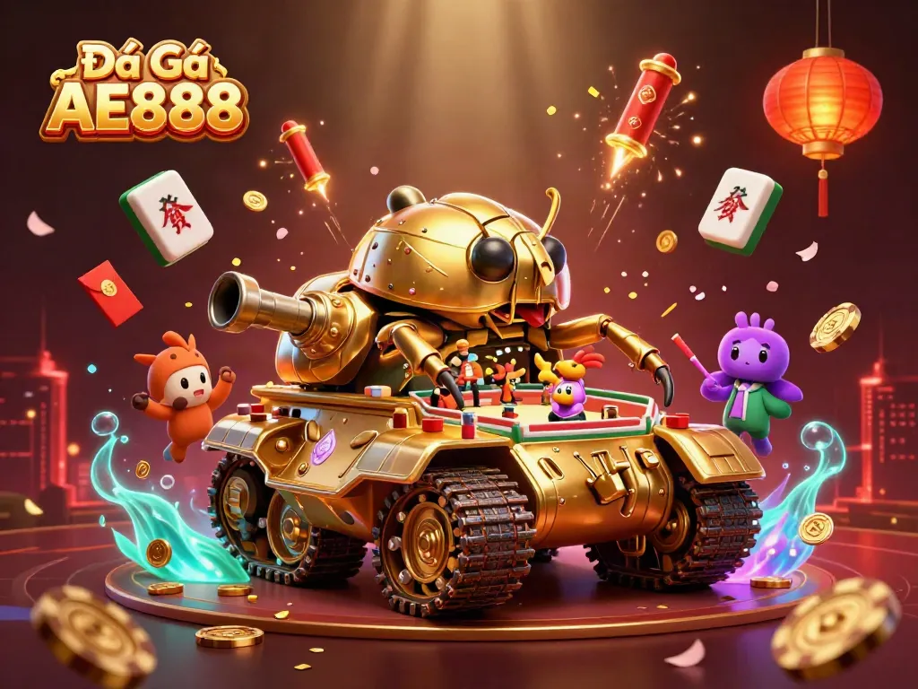 Experience engaging cockfighting action with Đá Gà AE888 in a vibrant, playful illustration.