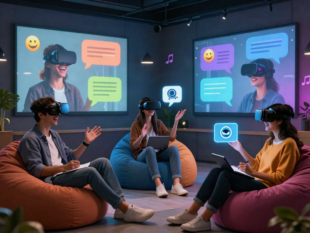 Dynamic scene illustrating sex ai chat interactions with diverse users engaging in immersive virtual conversations.
