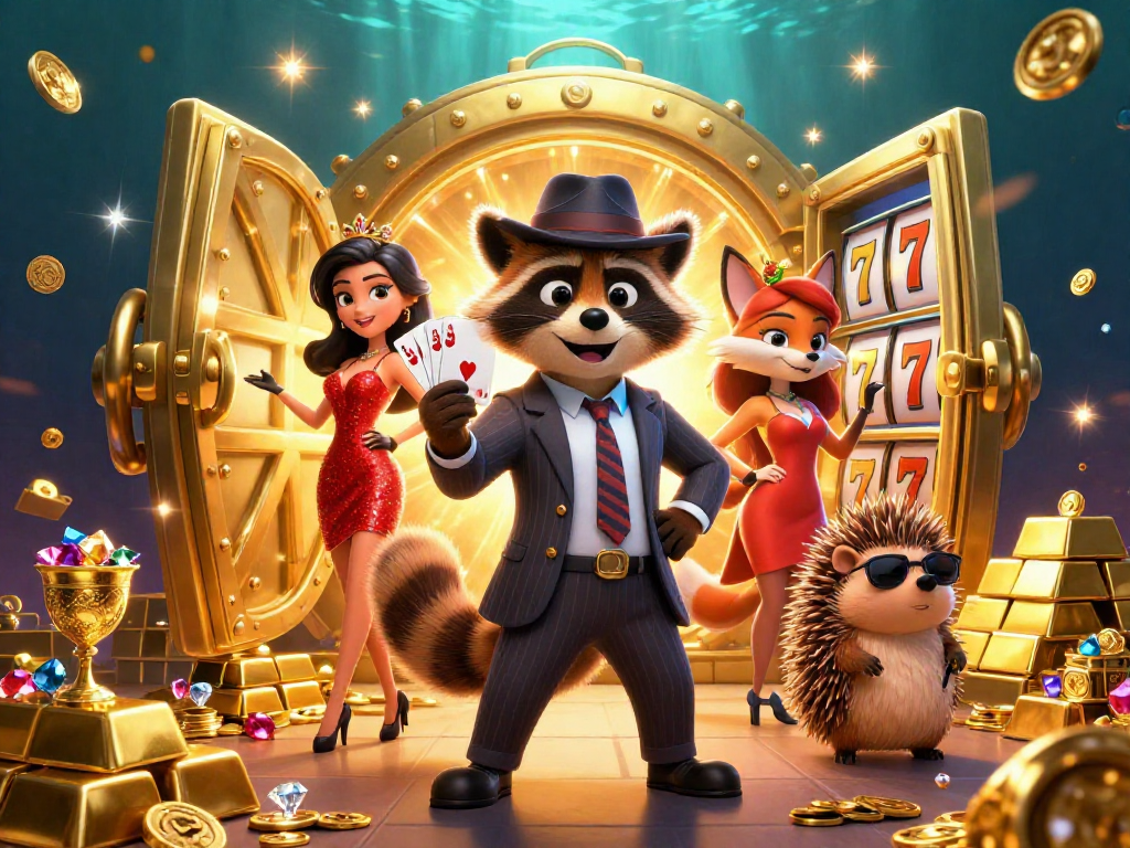 Experience thrilling games with 8kbet as the charming raccoon and fox showcase excitement with riches in a vibrant casino.