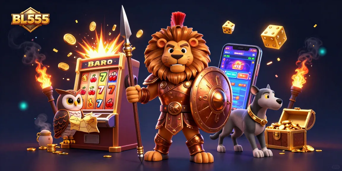 Experience exhilarating gaming action at BL555 with a dramatic 3D casino scene featuring a slot machine explosion and engaging characters.