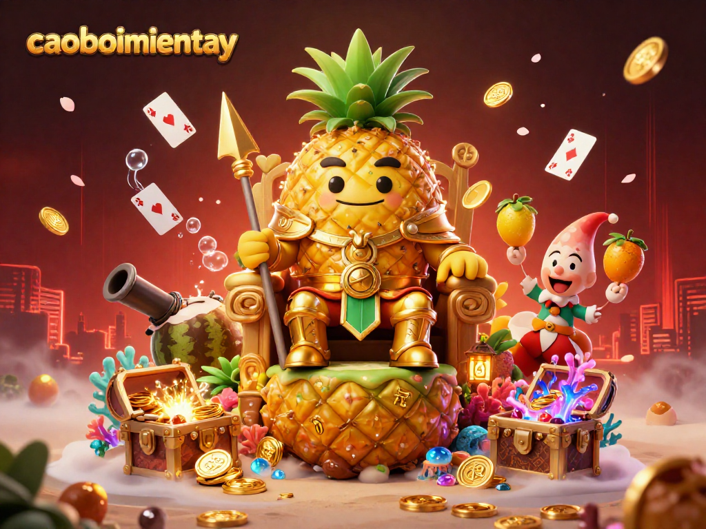 Categorize the caoboimientay game as pineapple king and colorful beach casino characters engage with vivid action scenes.