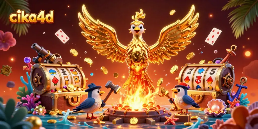 Cika4d features a golden phoenix with molten metal wings surrounded by dynamic casino game elements.