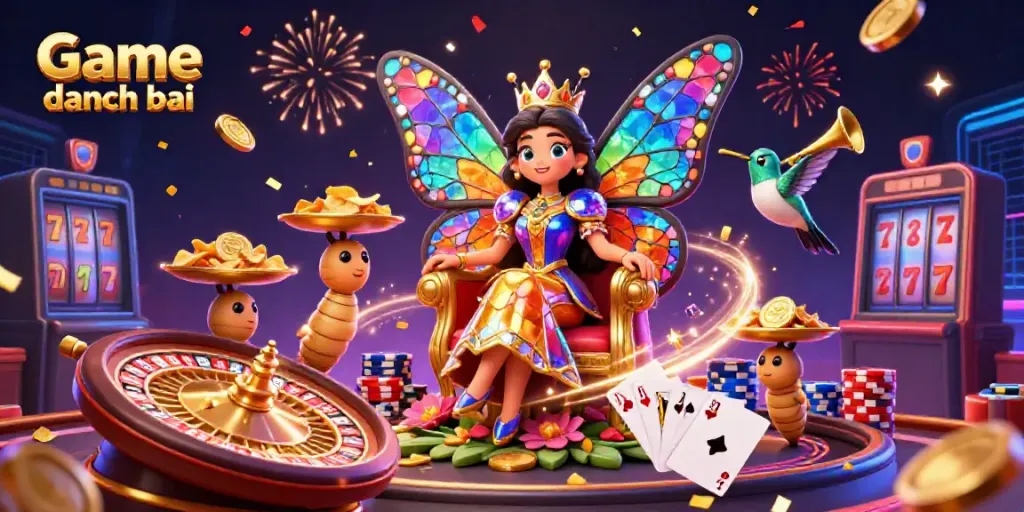 Engage in Game danh bai with a colorful casino illustration featuring a butterfly queen, chips, and gold coins.